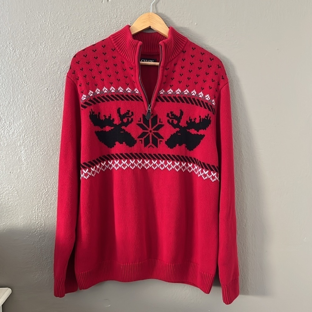 Vintage 90s Chaps Moose Nordic Sweater Men’s L Red 1/4 Zip 100% Cotton - Picture 6 of 15